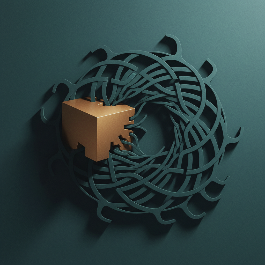Ilustração abstrata sobre falha de comunicação, mostrando uma forma geométrica e direta que não consegue se encaixar em um padrão orgânico e complexo, simbolizando o choque entre culturas de baixo e alto contexto.