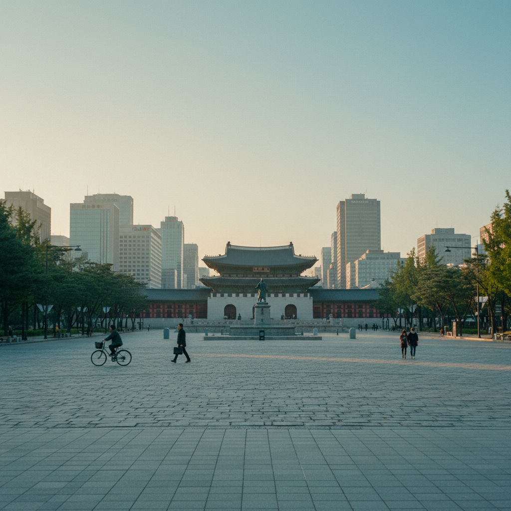 Vista cinematográfica da Praça Gwanghwamun em Seul ao amanhecer, com palácios tradicionais e arranha-céus modernos ao fundo sob uma luz suave.