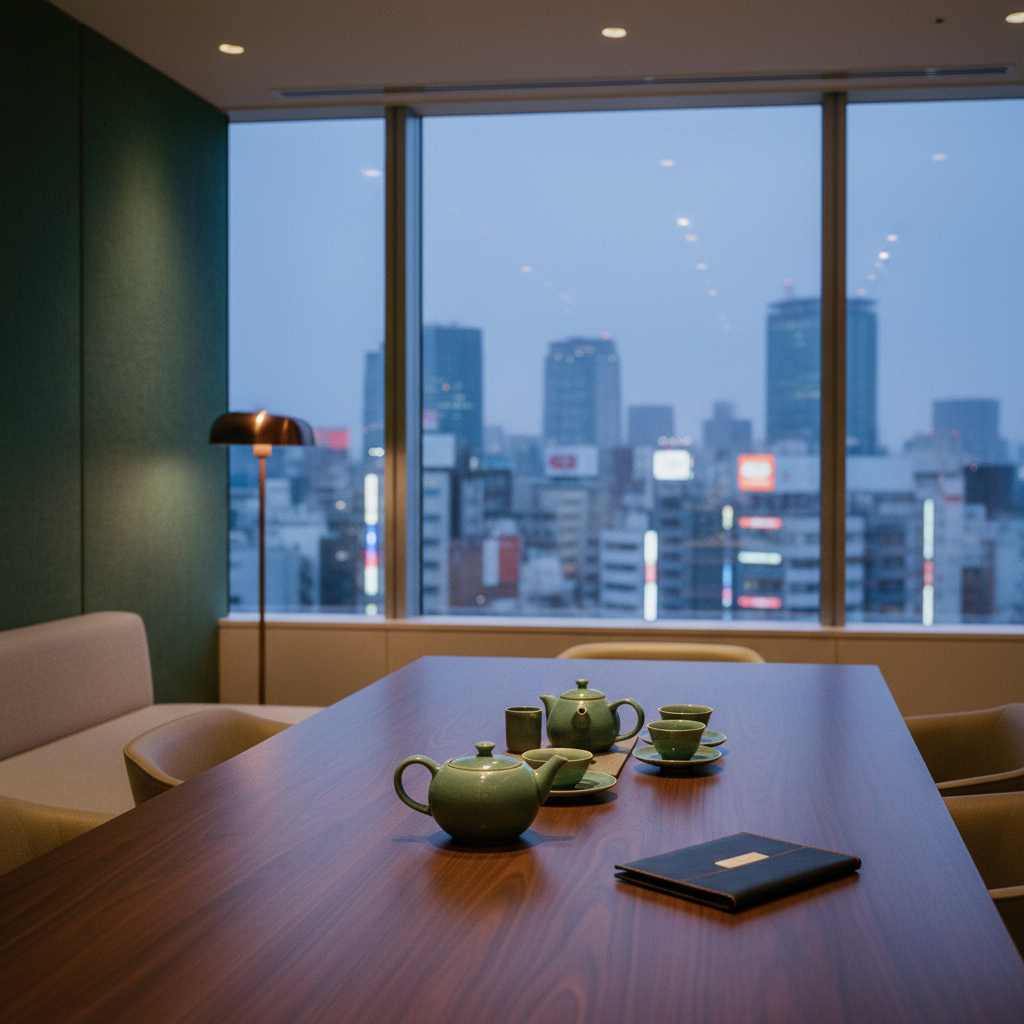 Sala de reunião minimalista em Tóquio, com um conjunto de chá e um porta-cartões sobre a mesa, e a cidade ao fundo.