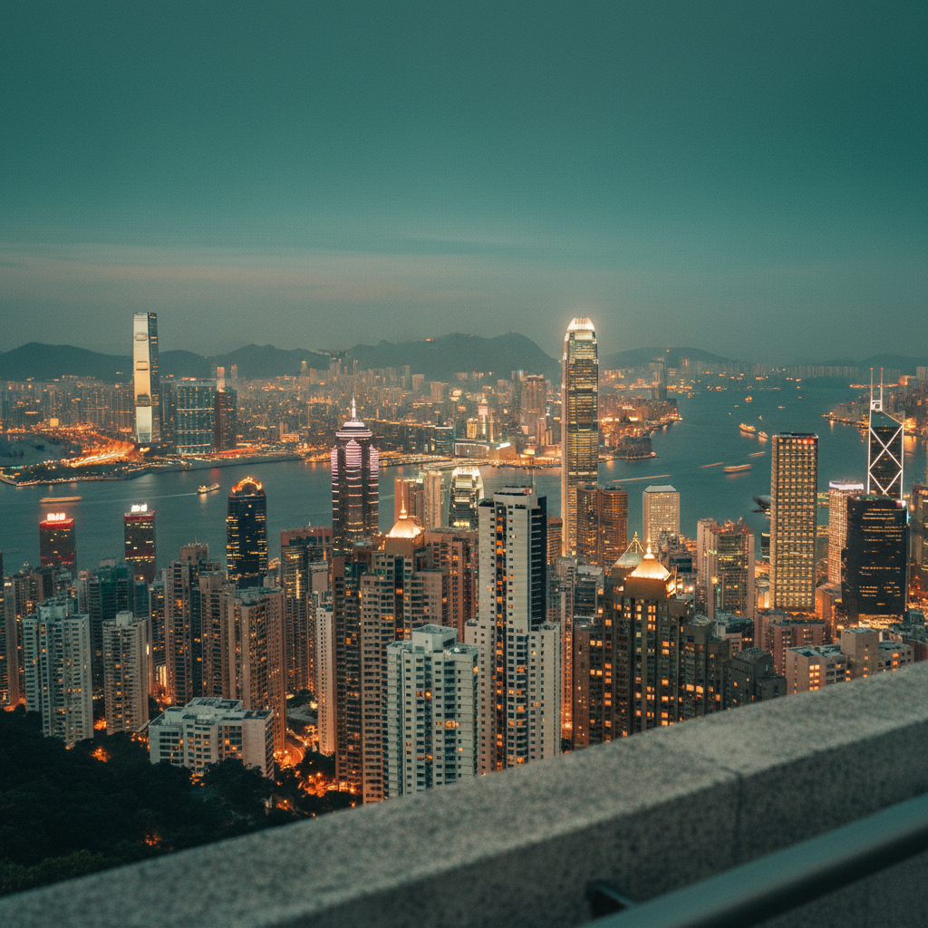 Vista do porto de Hong Kong ao entardecer, com os arranha-céus iluminados, navios no porto e a luz da cidade refletida na água, simbolizando comércio e finanças globais.