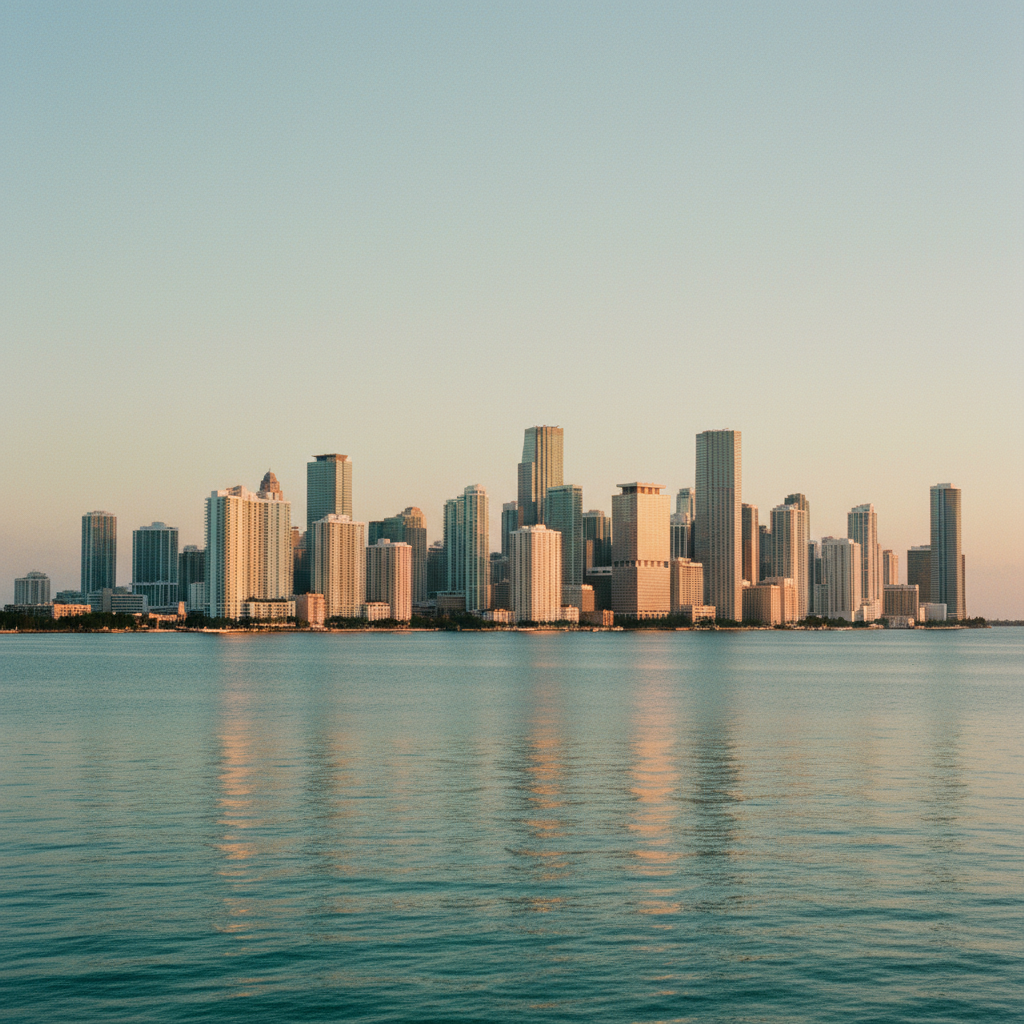 Vista da paisagem urbana de Miami e do distrito financeiro de Brickell, com a luz do sol da tarde refletindo nos edifícios e na água da baía.