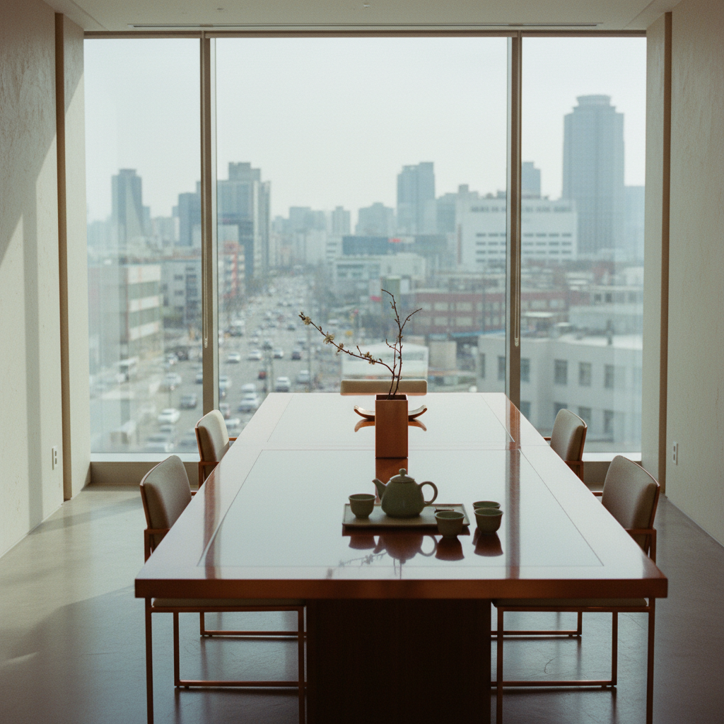 Sala de reuniões minimalista em Seul, com um conjunto de chá de celadon sobre a mesa de madeira e a cidade ao fundo, transmitindo uma atmosfera de negócios sofisticada e contemplativa.
