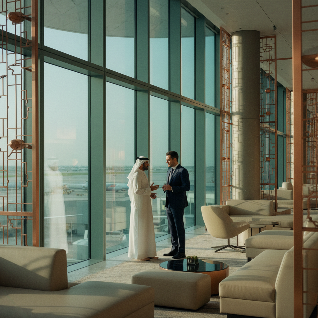 Dois homens de negócios, um em trajes do Oriente Médio e outro em terno ocidental, conversando em um lounge de aeroporto sofisticado ao pôr do sol.