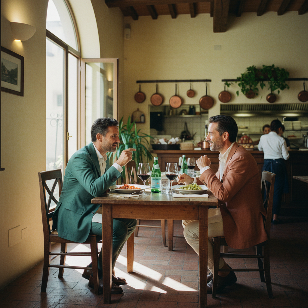 Dois homens de negócios conversam durante um almoço em uma trattoria italiana clássica, com pratos de comida e taças de vinho sobre a mesa.