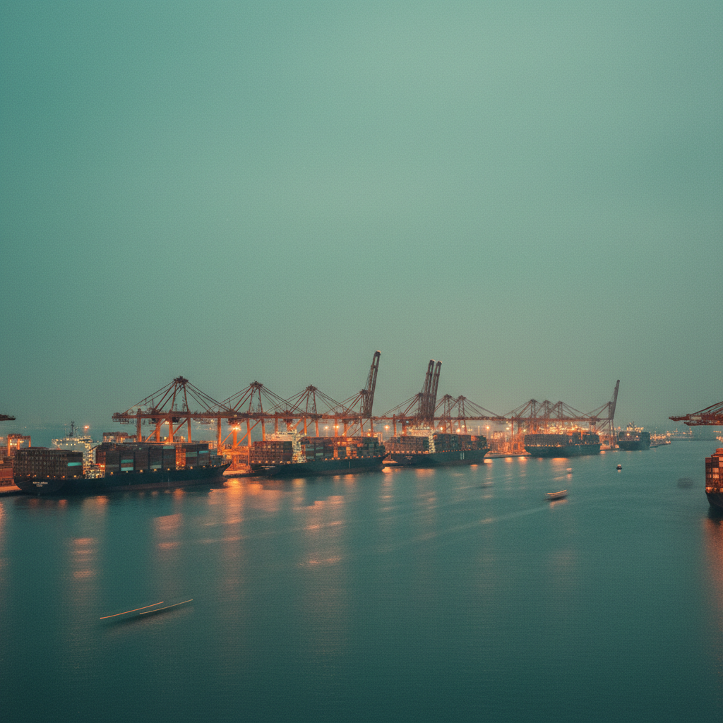 Vista panorâmica do Porto de Singapura ao entardecer, mostrando a vasta extensão de guindastes industriais e navios de contêineres sob uma luz suave.