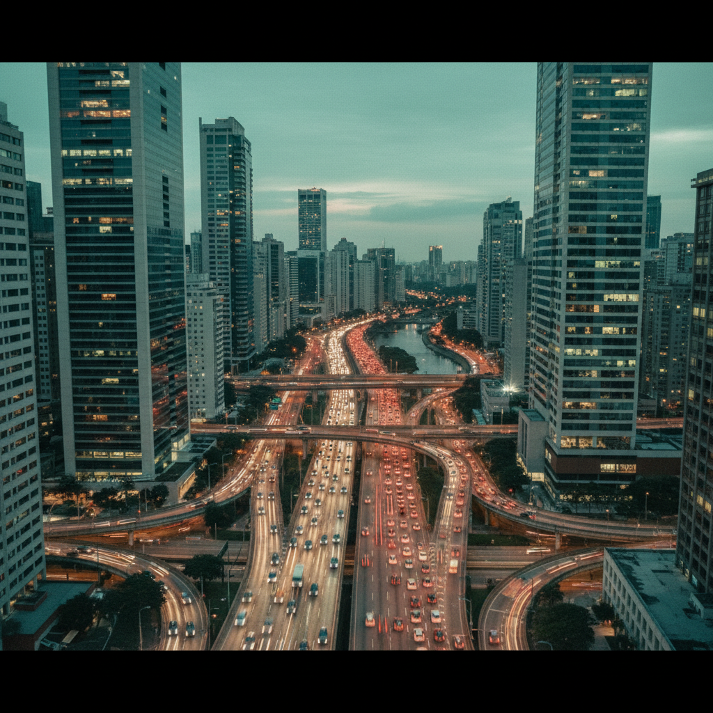 Vista aérea de São Paulo ao entardecer, mostrando o fluxo de veículos em viadutos e avenidas que cortam a metrópole, simbolizando sua complexa infraestrutura logística e comercial.