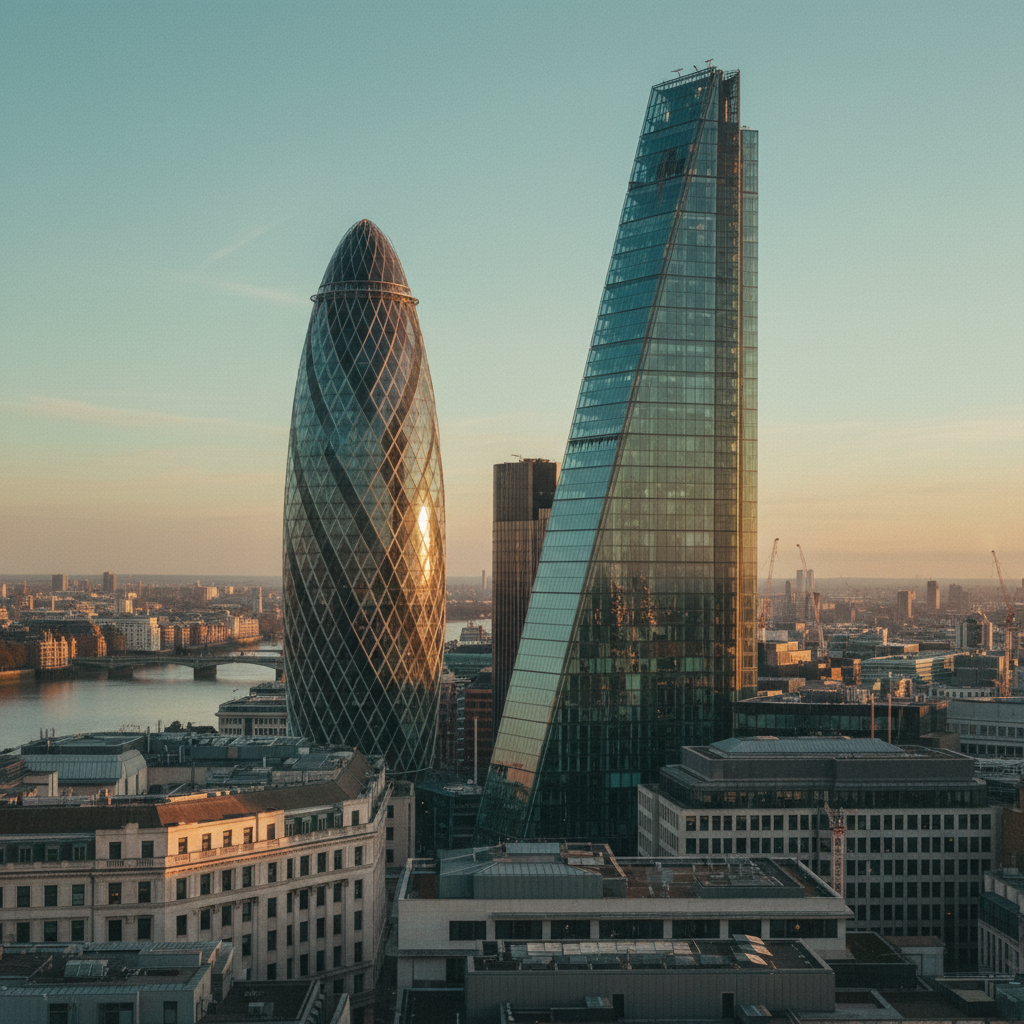 Vista panorâmica do distrito financeiro de Londres ao amanhecer, com os arranha-céus Gherkin e Leadenhall Building em destaque sob uma luz suave.