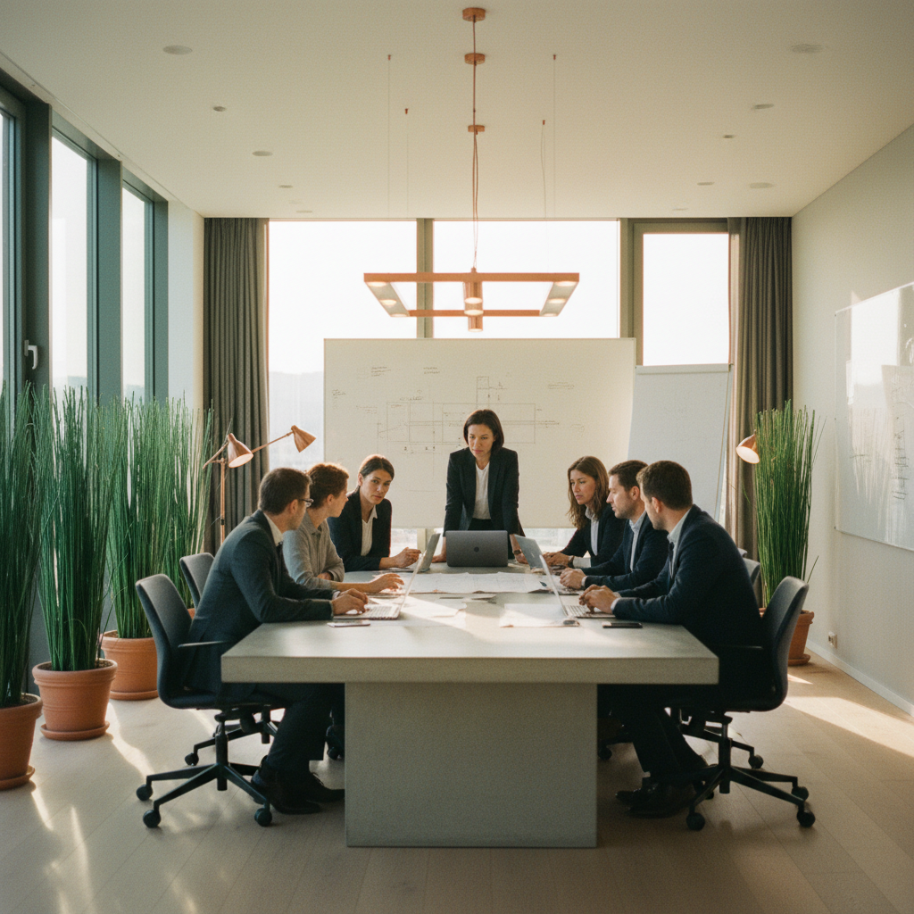 Sala de reuniões moderna e minimalista em uma empresa de engenharia alemã, com profissionais focados em uma discussão em torno de uma grande mesa de concreto.