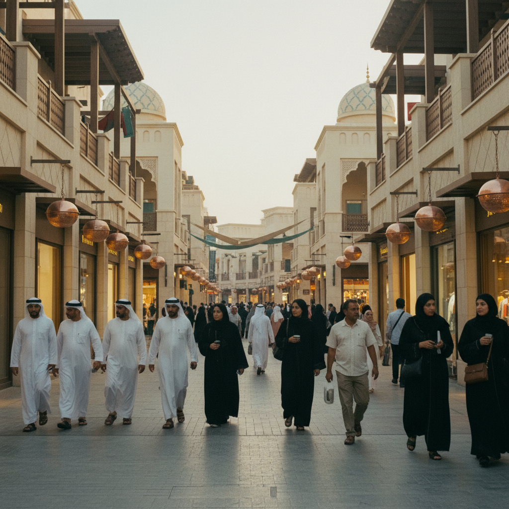 Vista cinematográfica de um souk moderno em Dubai ao entardecer, com pessoas passeando por uma viela de arquitetura árabe e iluminação quente em tons de cobre e creme.
