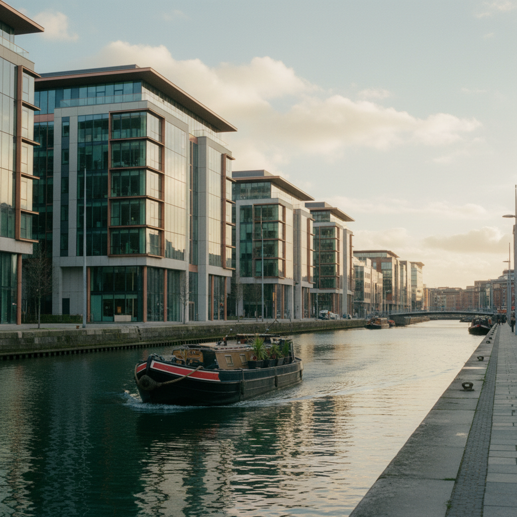 Vista do Grand Canal Dock em Dublin, com prédios modernos de empresas de tecnologia espelhando na água ao lado de um barco tradicional, sob a luz do fim de tarde.