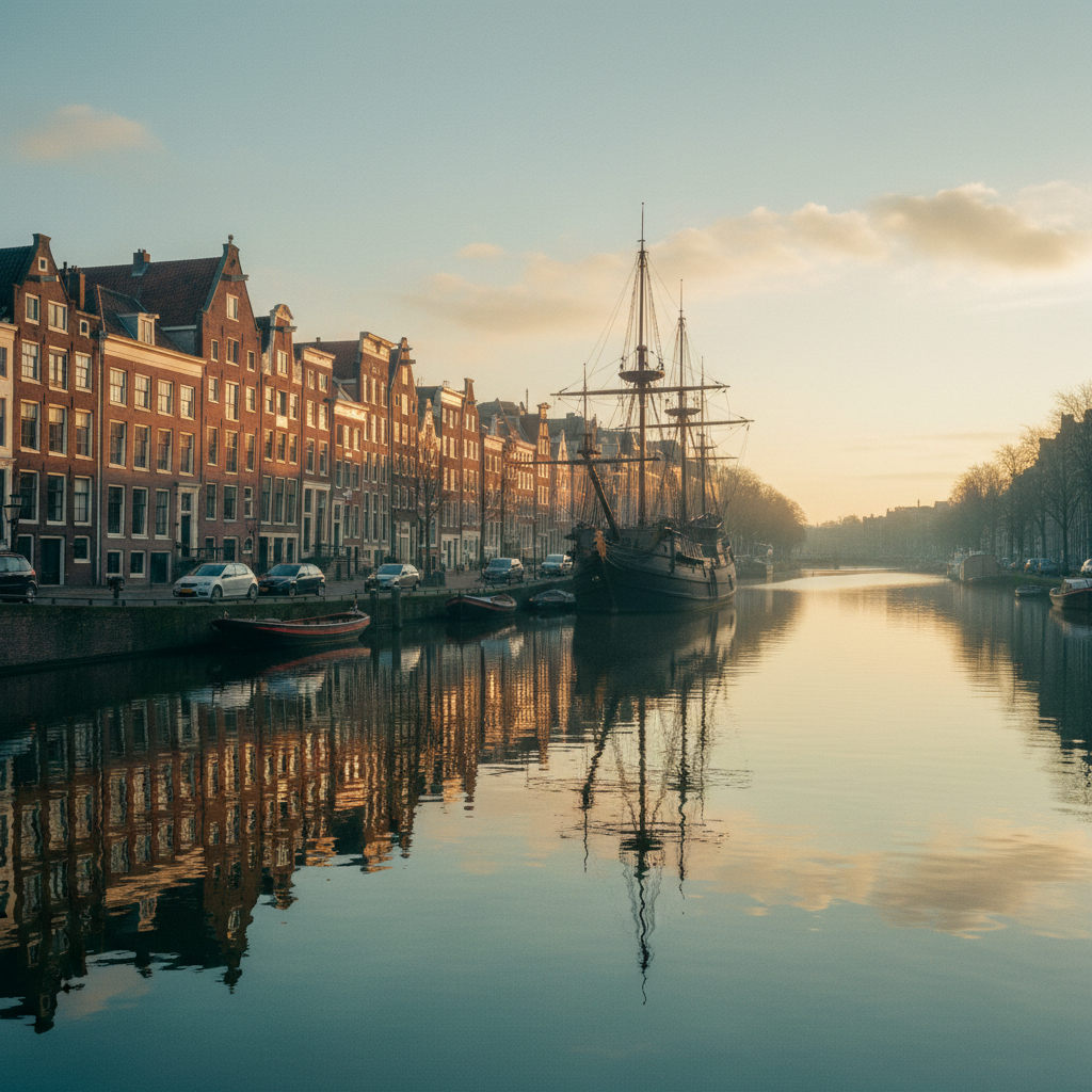 Vista do porto histórico de Amsterdã com uma réplica de navio mercante do século XVII atracada em um canal, refletindo a arquitetura clássica holandesa ao amanhecer.