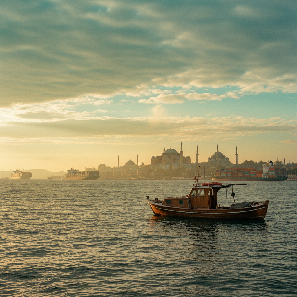 Vista panorâmica do estreito de Bósforo em Istambul ao entardecer, com a silhueta de mesquitas históricas e navios de carga modernos, simbolizando a união entre o comércio antigo e o moderno.