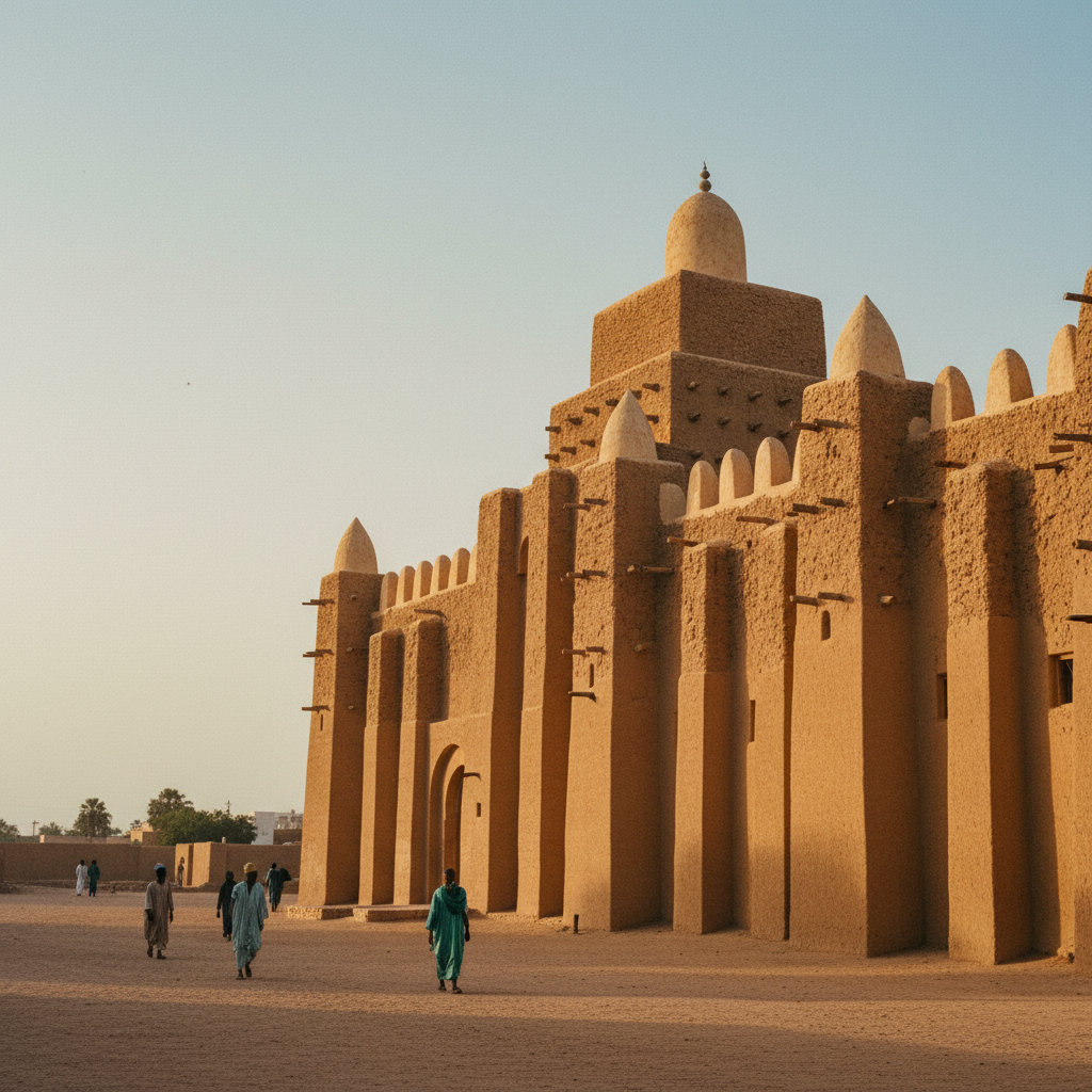 A Grande Mesquita de Djenné, no Mali, uma imponente construção de adobe ao pôr do sol, simbolizando a riqueza cultural e arquitetônica do Império do Mali.