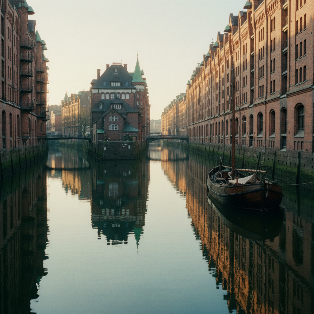 Vista panorâmica do distrito de Speicherstadt em Hamburgo ao amanhecer, com os armazéns de tijolo vermelho refletidos no canal e uma barca tradicional em primeiro plano.