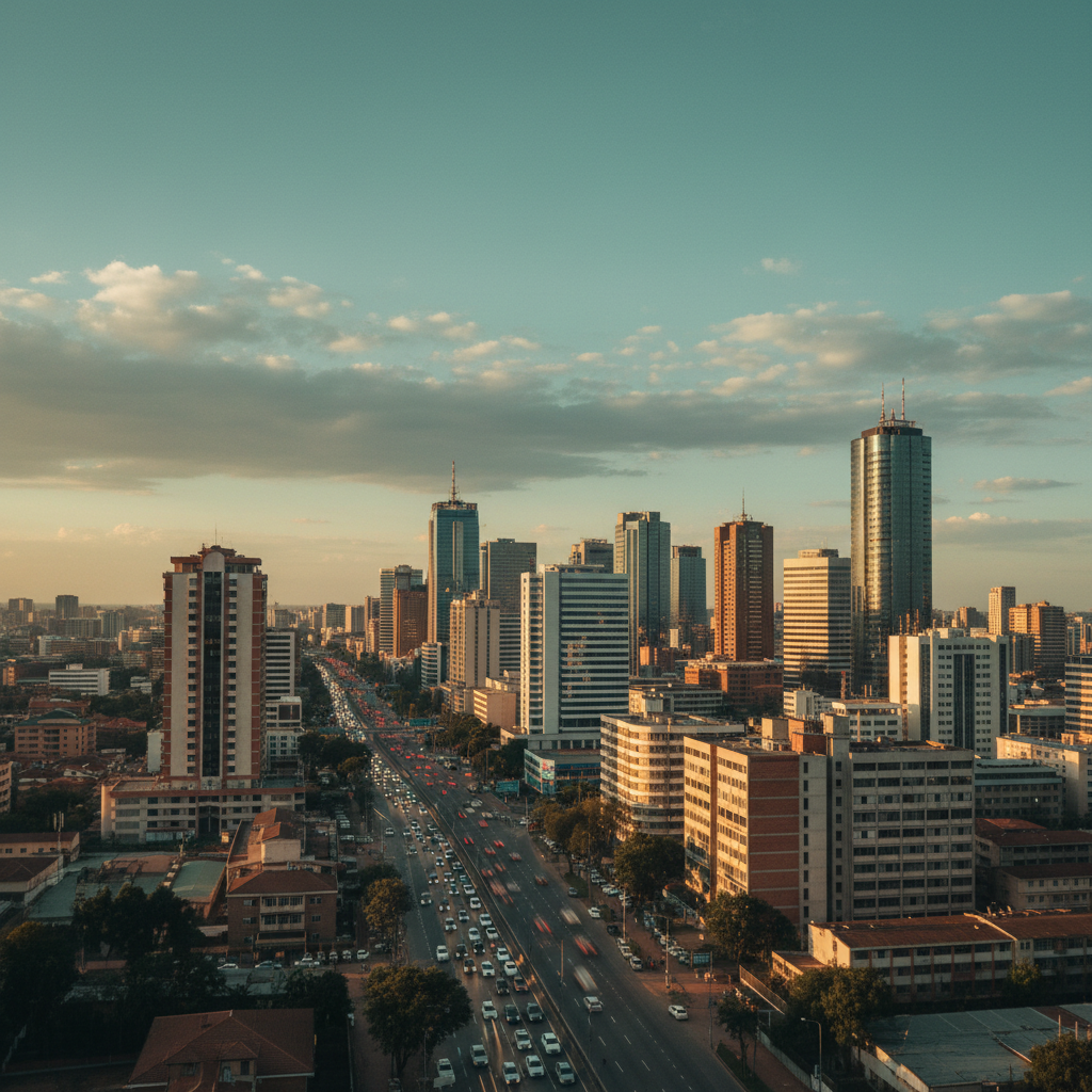 Vista panorâmica do horizonte moderno de Nairóbi ao entardecer, com arranha-céus e tráfego intenso em uma das principais avenidas da cidade.