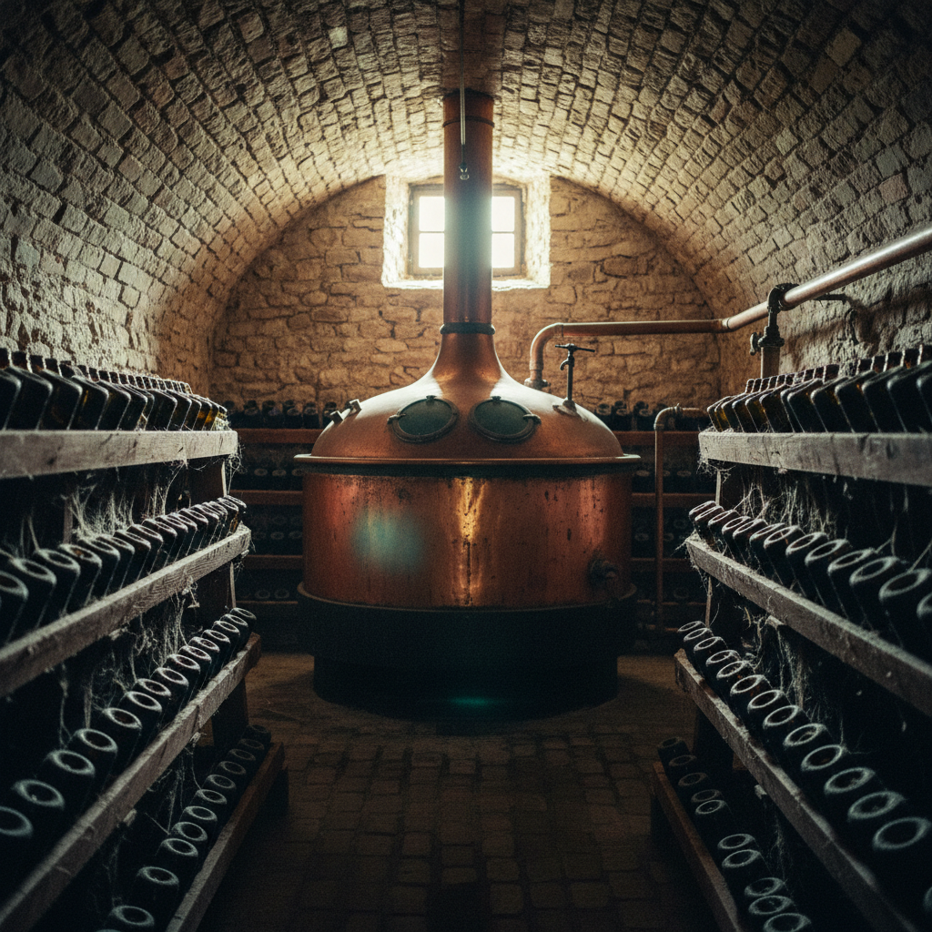 Interior de uma adega de cervejaria tradicional belga, com garrafas envelhecendo em prateleiras e um grande caldeirão de cobre no centro, iluminado por luz natural.