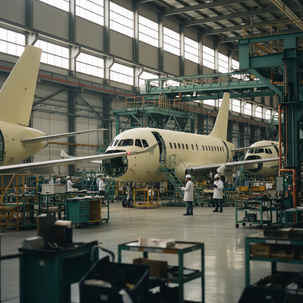 Linha de montagem de aeronaves da Embraer, com vários jatos comerciais em construção sob um teto industrial moderno.