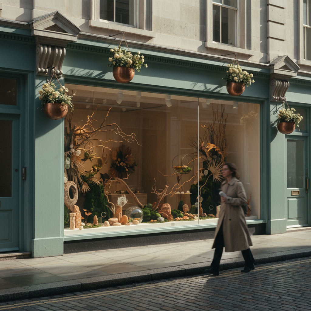Fachada de uma loja de beleza sofisticada em uma rua de Londres, com a luz da manhã iluminando a vitrine que exibe elementos da biodiversidade brasileira.