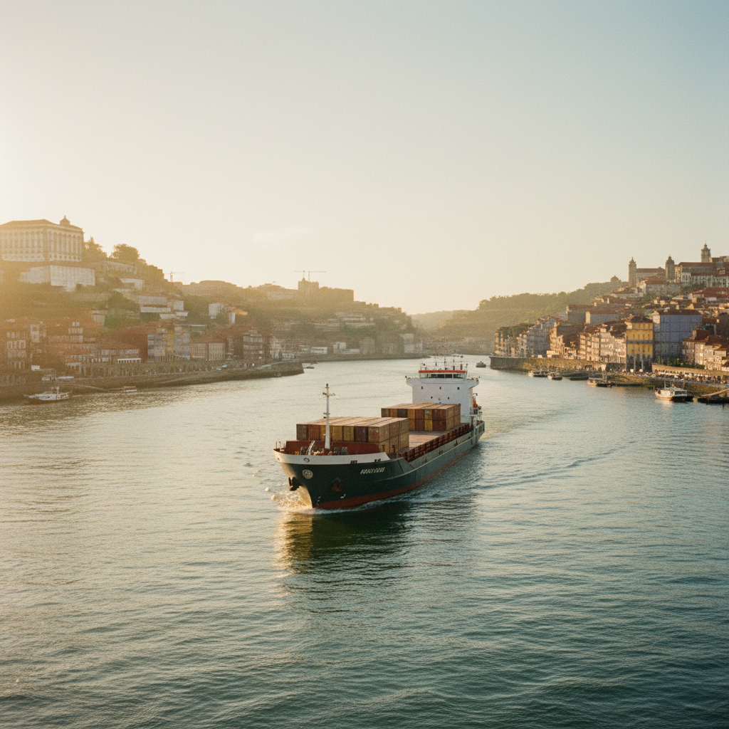 Vista matinal cinematográfica de um navio de contêineres saindo do rio Douro na cidade do Porto, Portugal, com a arquitetura histórica e telhados de terracota ao fundo.