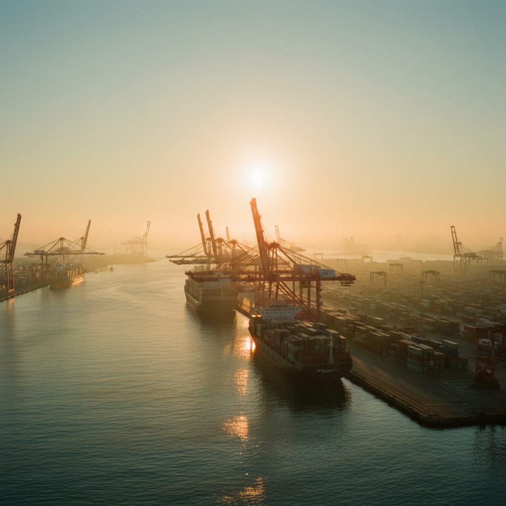 Vista panorâmica do Porto de Santos ao amanhecer, com navios de contêineres e guindastes em atividade, simbolizando o comércio internacional.