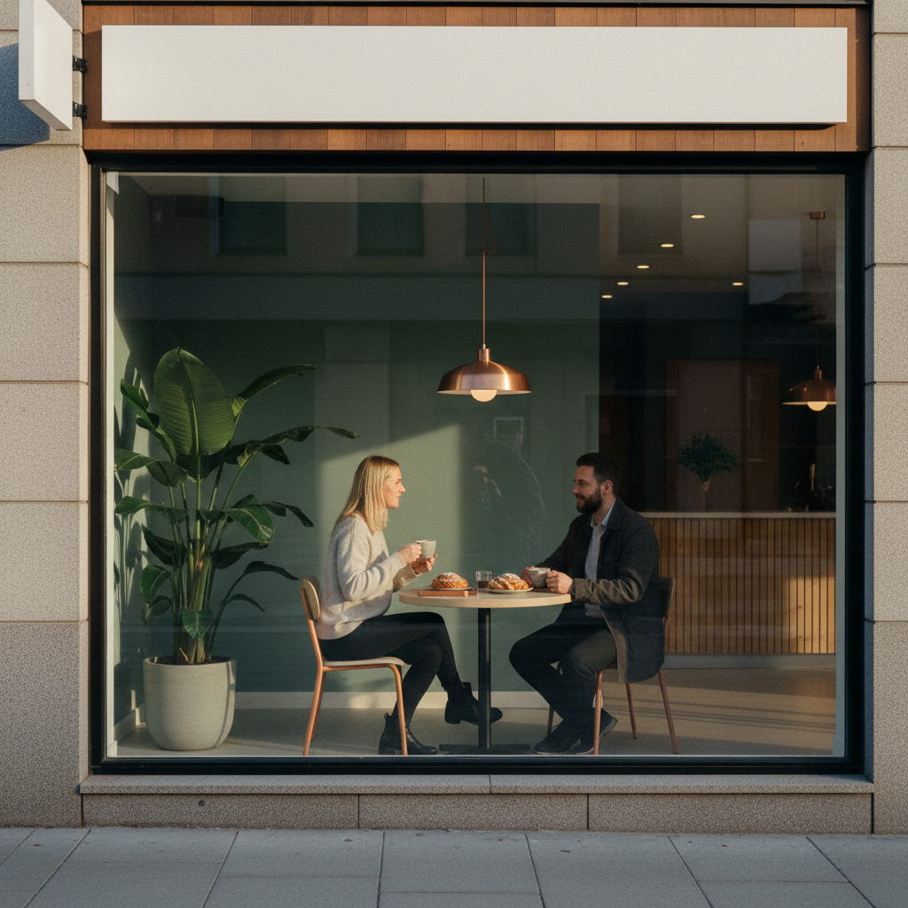 Vista de um café em Estocolmo com duas pessoas fazendo uma pausa para a Fika, com pães de canela e café sobre uma mesa de madeira, simbolizando os rituais culturais nos negócios.