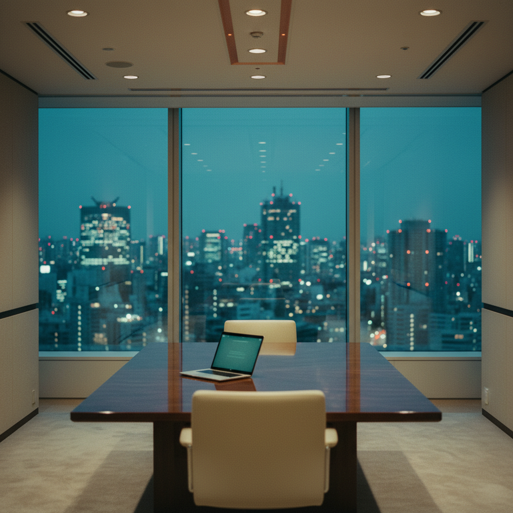 Uma sala de reuniões moderna e minimalista com vista para o horizonte de Tóquio, simbolizando o desafio e a oportunidade de uma apresentação comercial em um mercado global.