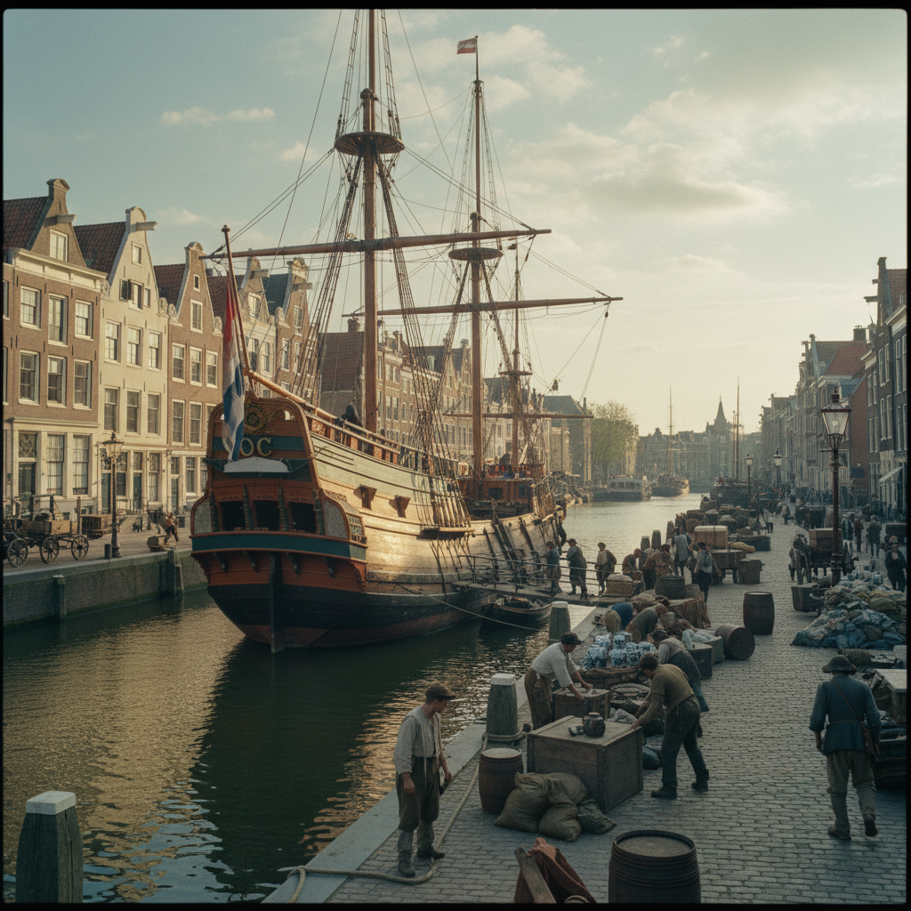 Navio da Companhia Holandesa das Índias Orientais sendo descarregado no porto de Amsterdã no século XVII, com trabalhadores e casas de empena ao fundo.