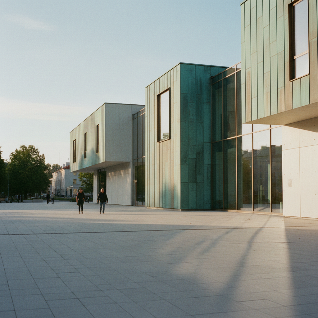Edifício de arquitetura moderna e minimalista em Tallinn, Estônia, com tons de verde, cobre e creme integrados à paisagem urbana.