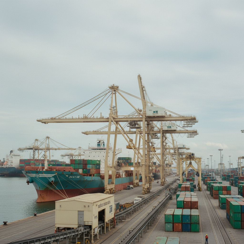 Vista panorâmica do Porto de Santos, com navios de carga e guindastes em operação sob um céu nublado, em tons de verde, cobre e creme.