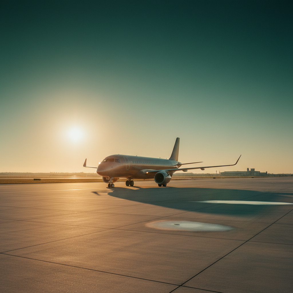 Um jato da Embraer da família E2 no pátio de um aeroporto durante o nascer do sol, com uma iluminação cinematográfica que destaca as cores verde-azulado do céu e reflexos acobreados na fuselagem.