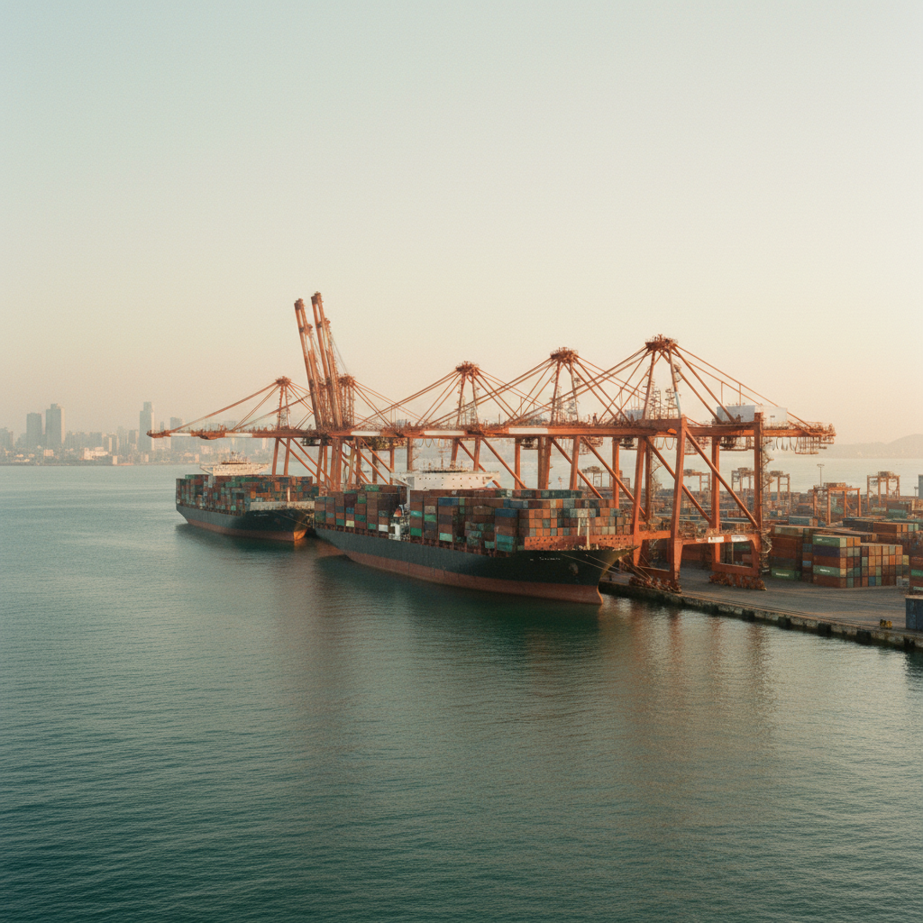 Fotografia panorâmica do porto de Incheon, na Coreia do Sul, mostrando guindastes, navios e contêineres sob a luz do pôr do sol.