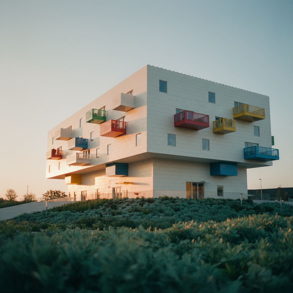 Vista da LEGO House em Billund, Dinamarca, com sua arquitetura inspirada nos blocos de montar, sob a luz cinematográfica de um nascer do sol.