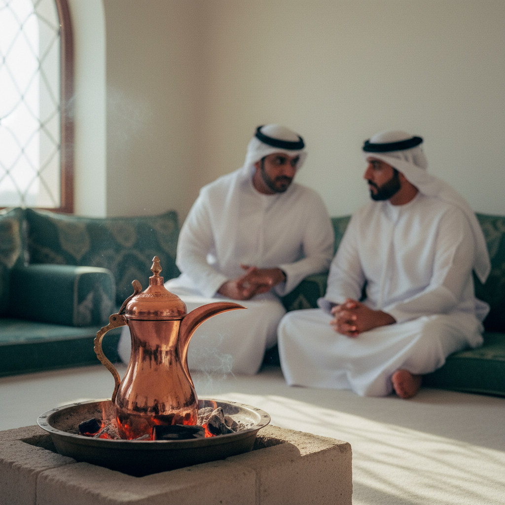 Close-up de um bule de café árabe de cobre (dallah) ao lado de brasas, com dois homens em trajes emiráticos conversando ao fundo em um majlis tradicional.