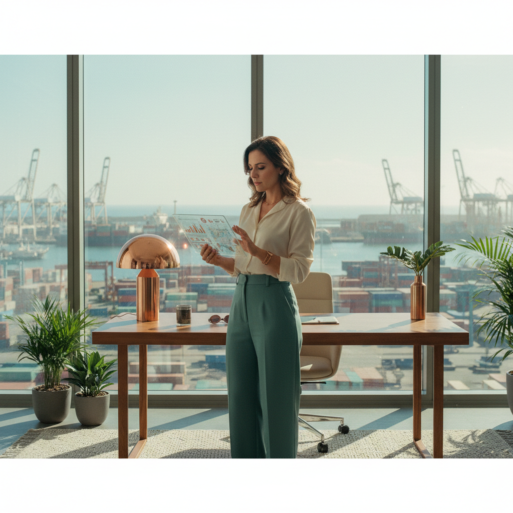 Uma especialista em logística B2B internacional trabalhando em seu escritório com vista para um movimentado porto comercial, simbolizando a construção de um pipeline global.