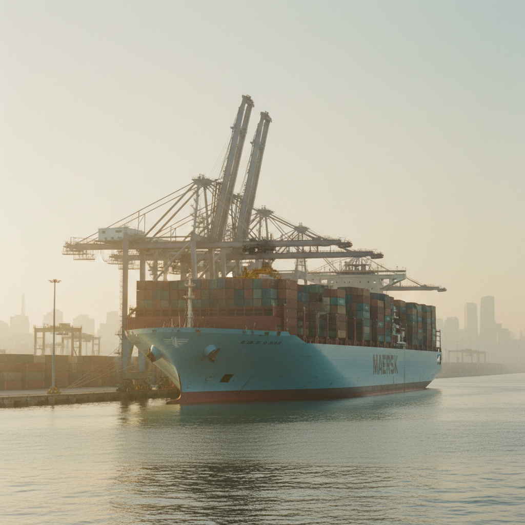 Um imenso navio porta-contêineres da Maersk, em seu tom característico de azul-petróleo, sendo carregado com contêineres em um terminal portuário movimentado sob a névoa da manhã.