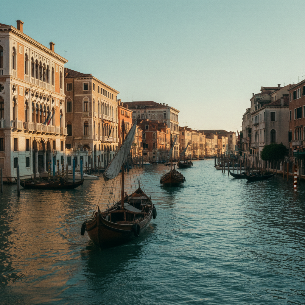 Vista cinematográfica do Grande Canal de Veneza ao entardecer, com palácios históricos e barcos de madeira refletindo a luz dourada sobre a água em tons de verde e cobre.