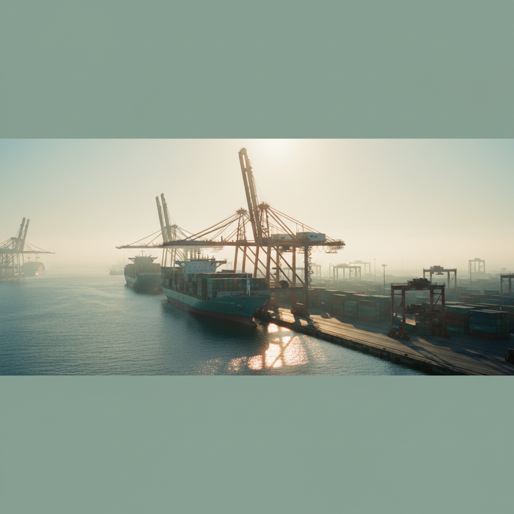 Fotografia panorâmica do Porto de Santos ao amanhecer, com navios de contêineres e guindastes recortados contra a luz quente e acobreada do sol nascente, em tons de verde-azulado e creme.