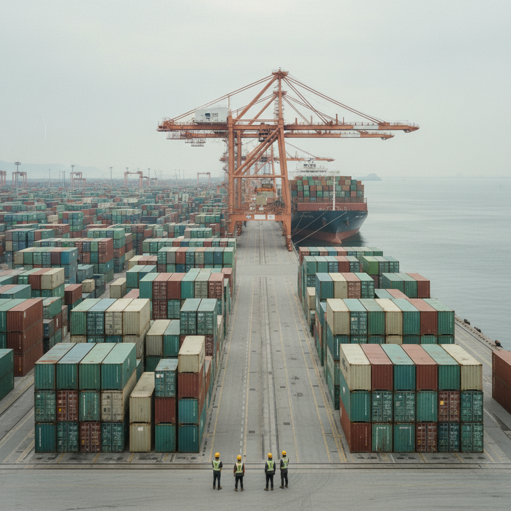 Vista panorâmica de um moderno porto de contêineres na Coreia do Sul, com guindastes na cor de cobre movimentando contêineres em tons de verde-azulado e creme sob uma luz natural difusa.