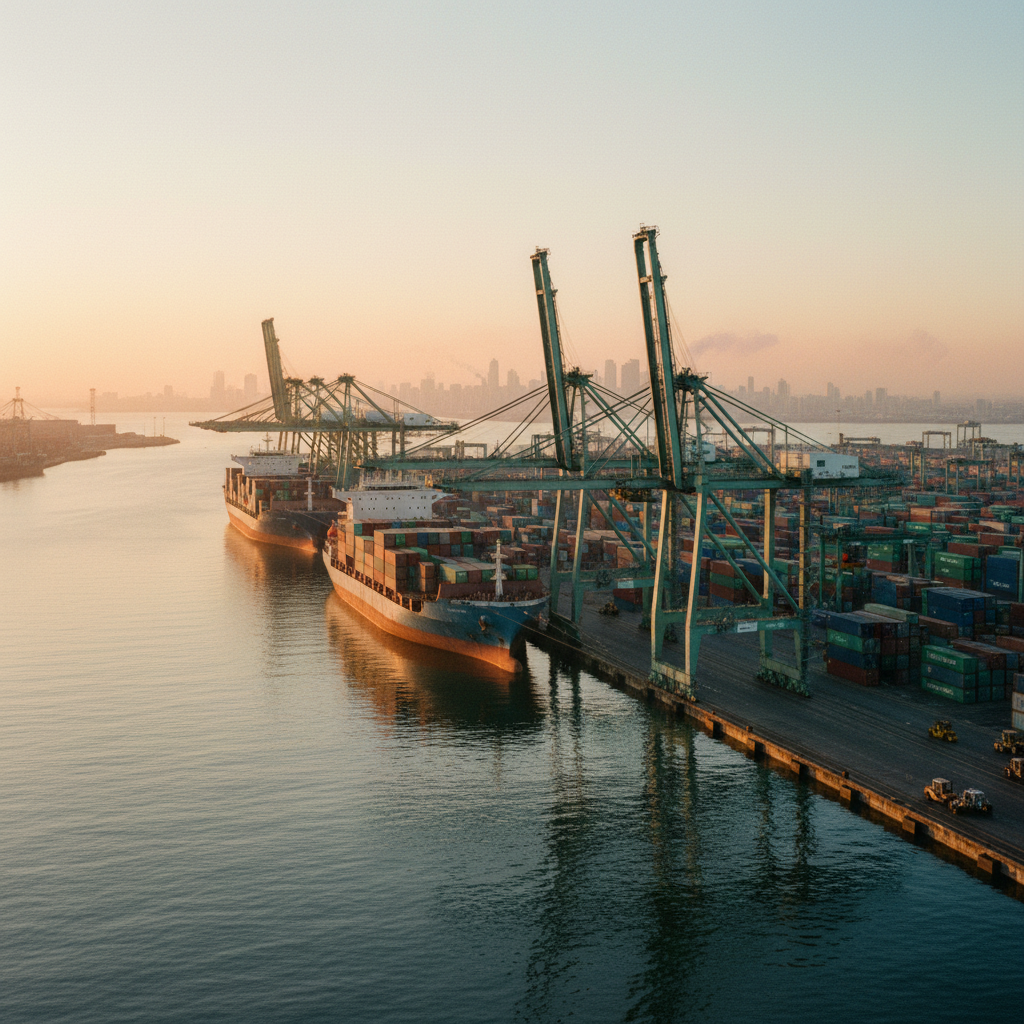Fotografia panorâmica do Porto de Santos ao amanhecer, com grandes navios de contêineres sendo carregados por guindastes sob uma luz cinematográfica.