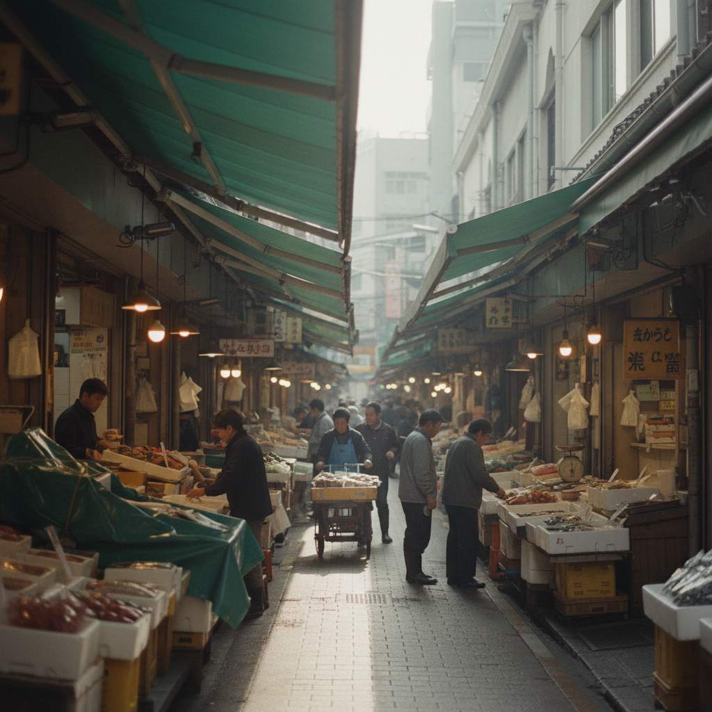 Foto panorâmica do mercado de Tsukiji em Tóquio, com vendedores e compradores em um ambiente de negócios matinal, com toldos verdes, detalhes em cobre e edifícios em tom creme.