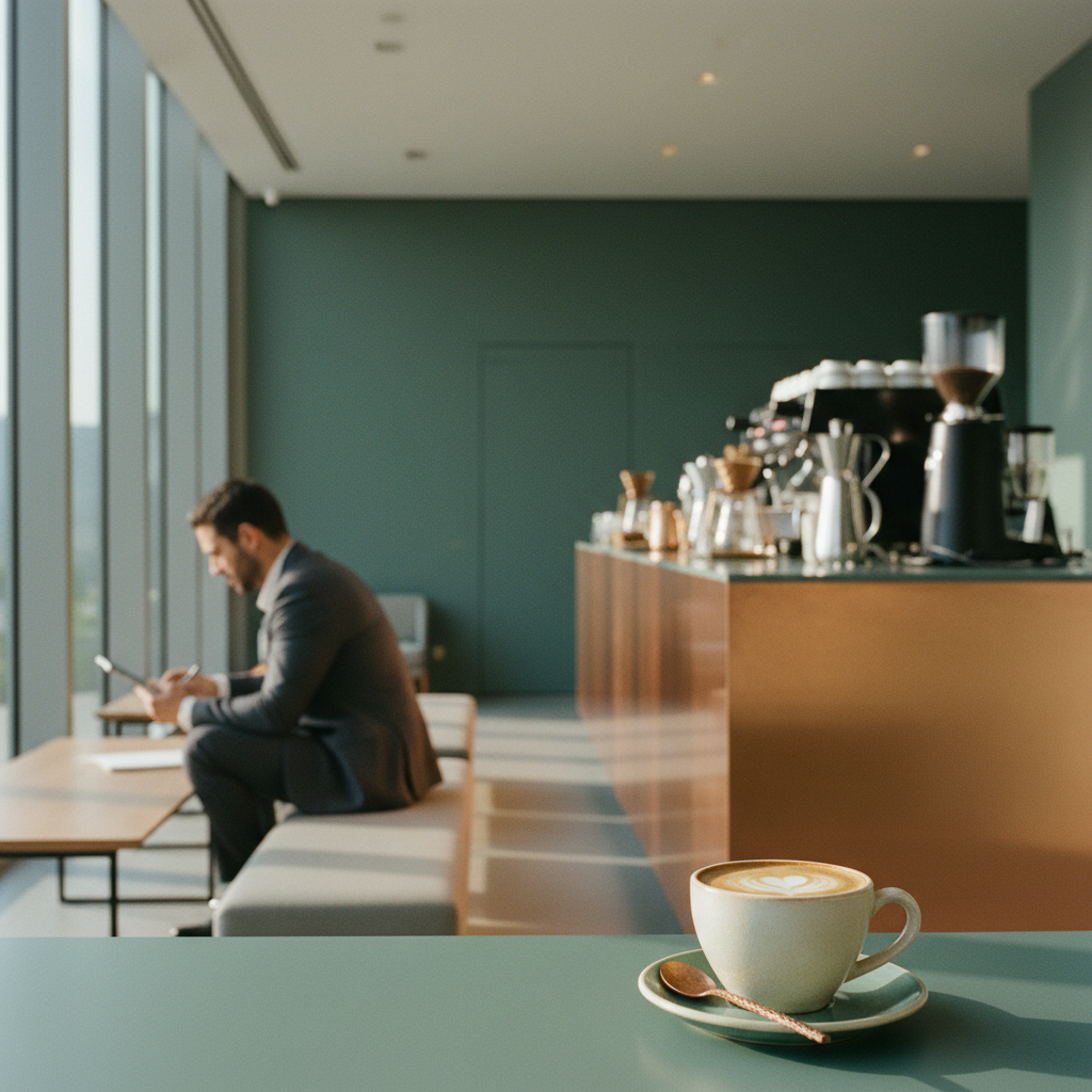Lounge de negócios sofisticado com um café em primeiro plano, simbolizando a calma e a estratégia necessárias para o follow-up pós-feira.