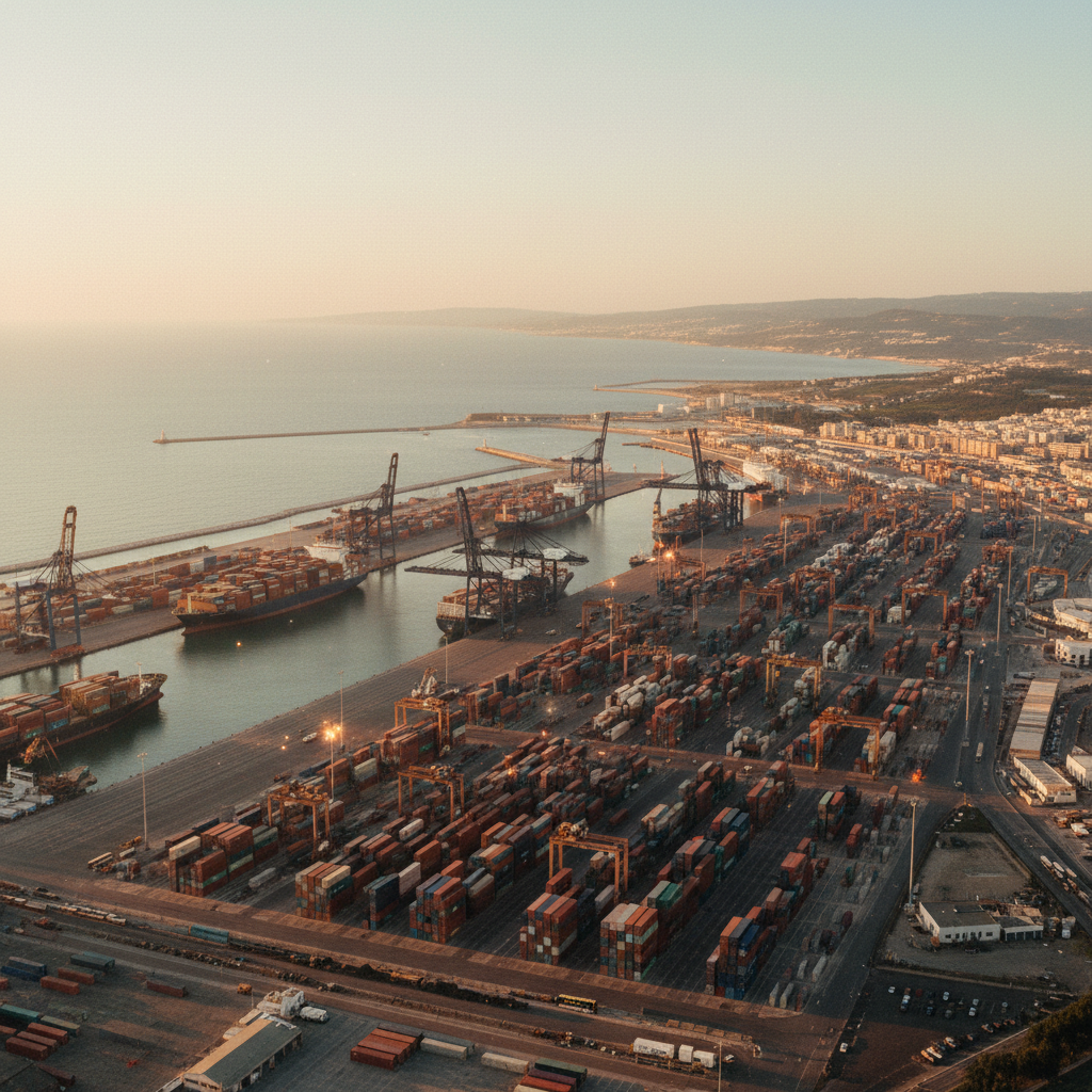 Vista aérea do Porto de Tânger Med, no Marrocos, mostrando navios, guindastes e contêineres sob a luz do entardecer.