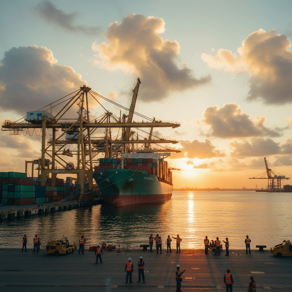 Vista panorâmica do Porto de Santos ao entardecer, com navios de contêineres, guindastes e a luz dourada do sol refletindo na água.