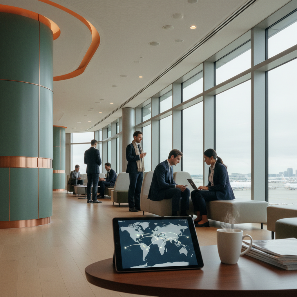Fotografia de um lounge de aeroporto moderno e sofisticado, com tons de verde-azulado e cobre, simbolizando a conexão e os negócios globais.