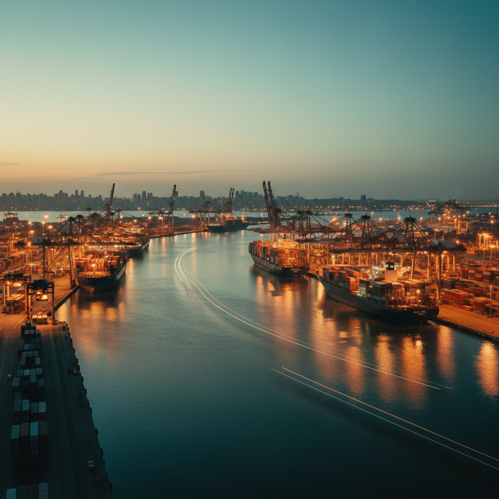 Vista panorâmica do Porto de Santos ao entardecer, com navios de contêineres e guindastes em operação sob uma iluminação industrial quente.