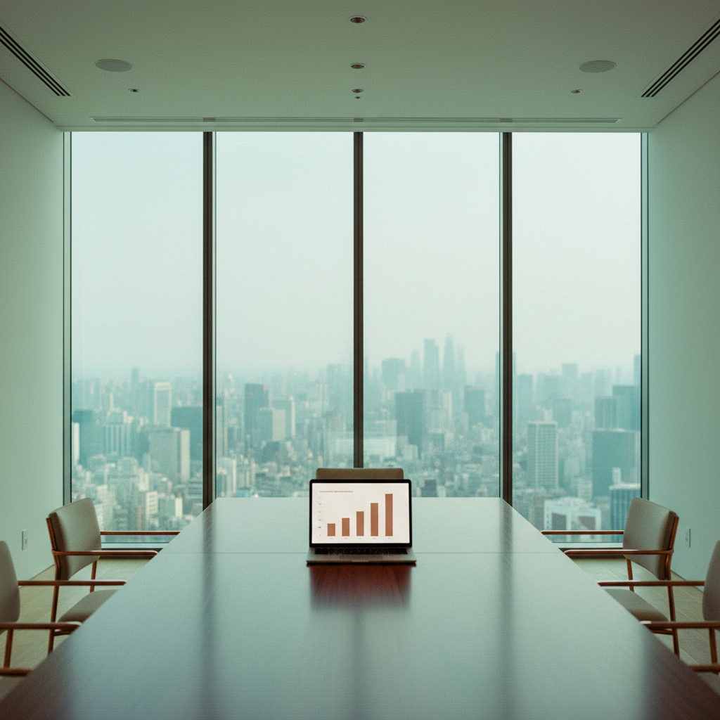 Sala de reuniões moderna e minimalista com vista para uma grande metrópole, onde um laptop sobre a mesa exibe um slide de um deck de vendas global.