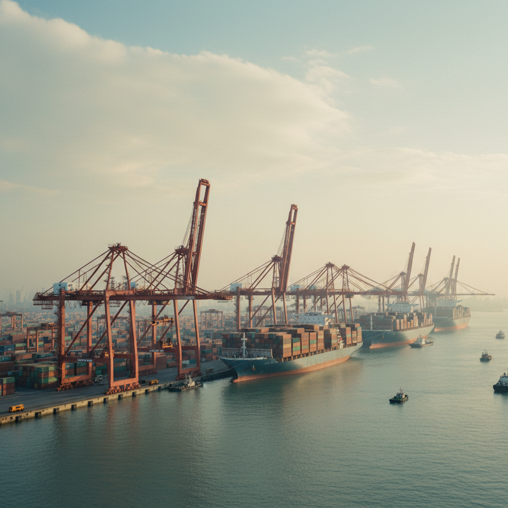 Vista panorâmica do porto de contêineres de Shanghai ao amanhecer, com guindastes e navios cargueiros em atividade, simbolizando a due diligence no comércio global.