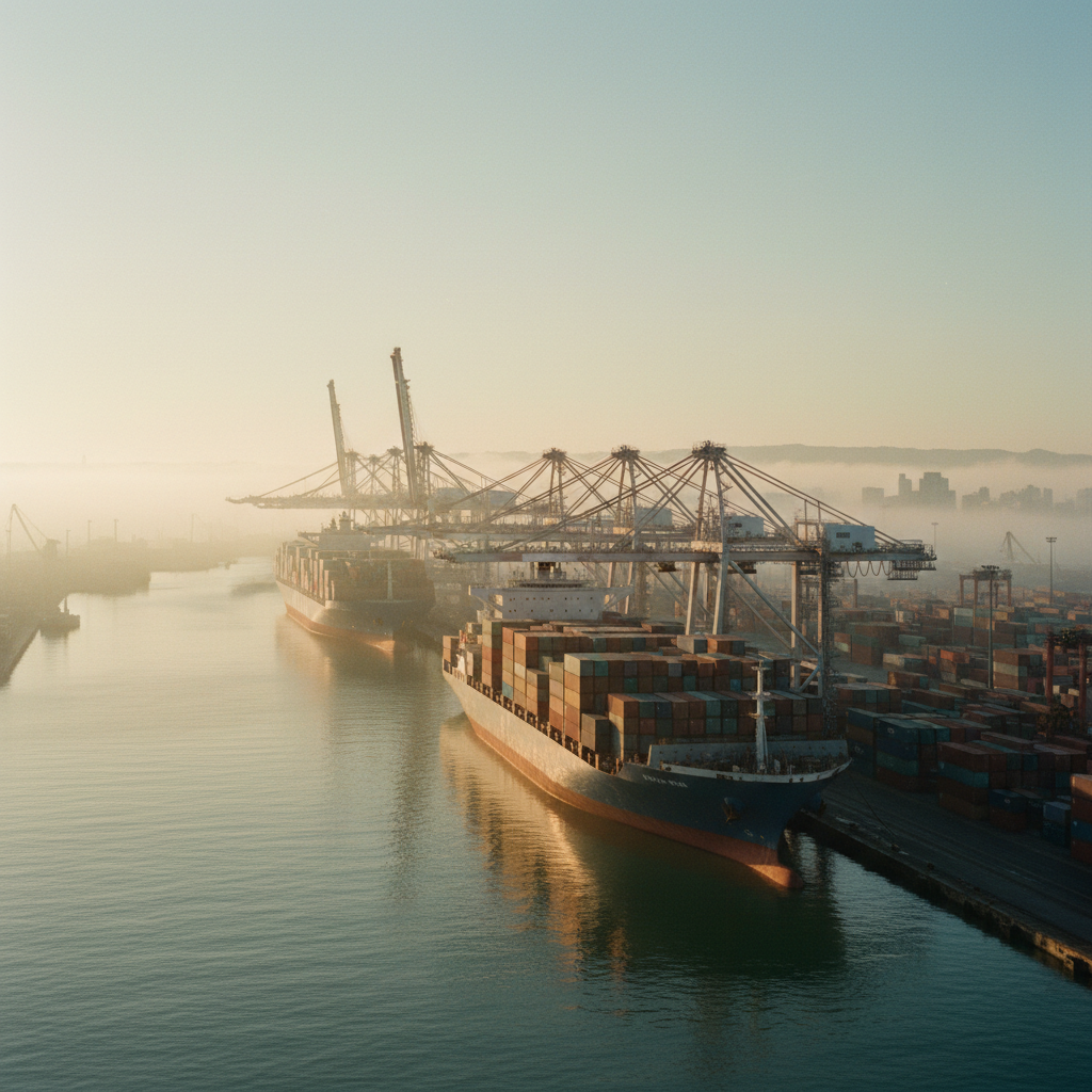 Fotografia panorâmica do Porto de Santos ao amanhecer, com navios de contêineres e guindastes em operação sob uma luz cinematográfica, representando o comércio global.