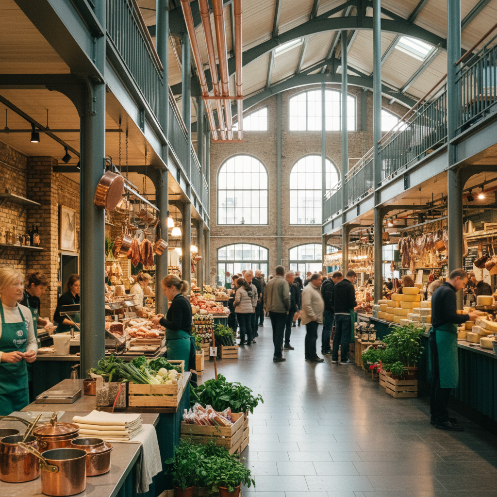 Foto panorâmica de um mercado europeu sofisticado, com arquitetura histórica e luz natural cinematográfica, onde pessoas compram produtos artesanais em barracas.