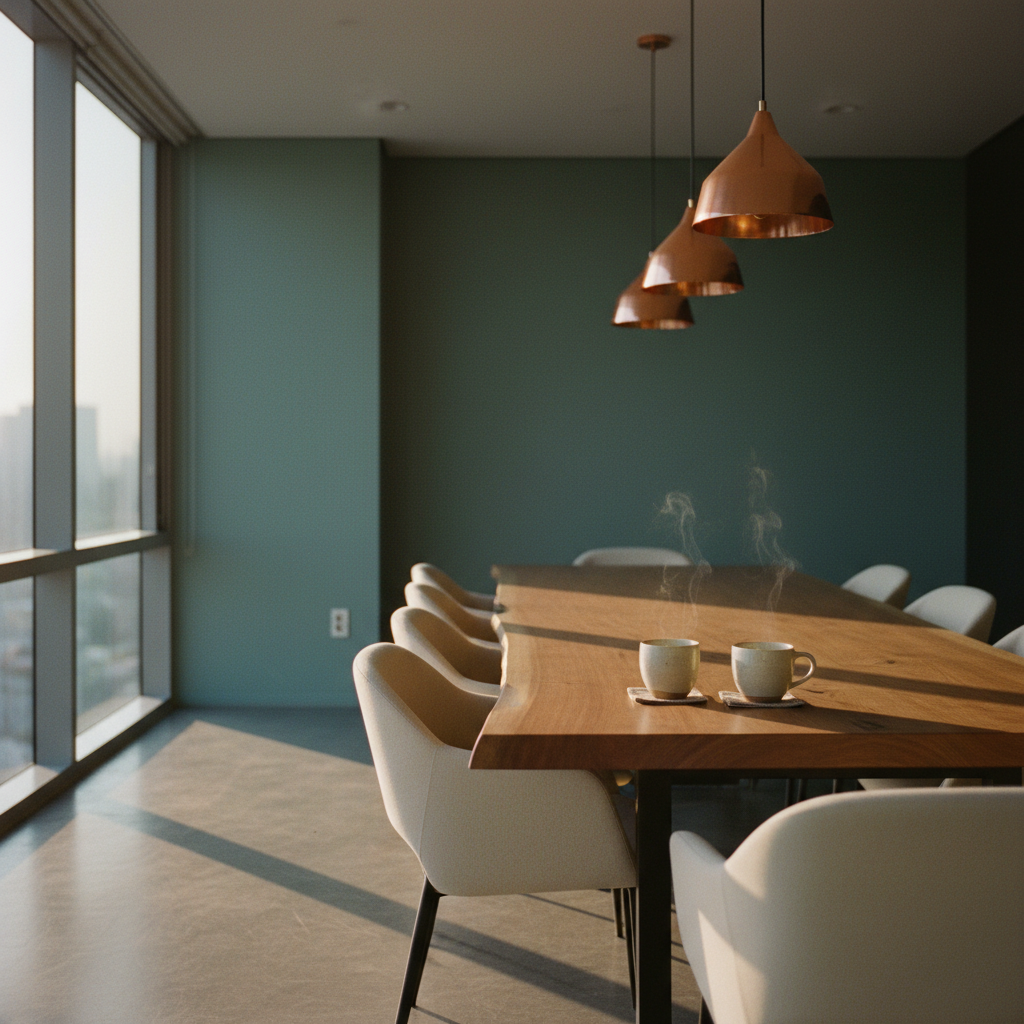 Sala de reuniões minimalista em Seul, com uma mesa de madeira, xícaras de chá e uma paleta de cores verde-azulado, cobre e creme, evocando negócios e contemplação.